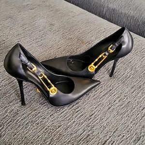 Black Versace safety pin pumps